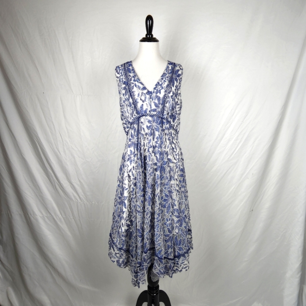 Just Taylor Blue Floral Lace Crochet Royal Core Zip Up Dress, Size Small-Medium